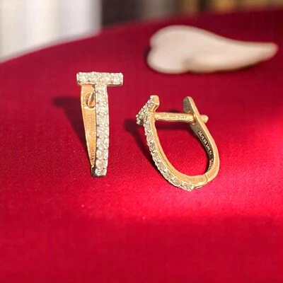 Pave 0.40 Carats Round Brilliant Cut Natural Diamonds Hoop T Earrings 14K Gold - Image 1 of 4