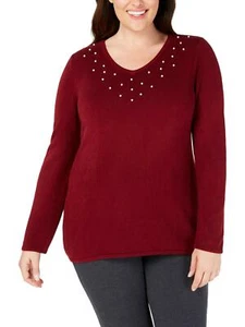 Suéter Karen Scott Damas Mujeres Talla Grande Tejido Perla Cuello en V Merlot Rojo 1X - Imagen 1 de 2