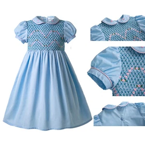 Kids Girls Smocked Dress Hand Embroidery Christmas Party Dresses Blue 2-12 Years - Picture 1 of 15