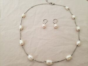 AUTH PEARLS STATIONED NECKLACE & DROP DANGLE EARRINGS STERLING SILVER SET OVAL