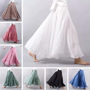 Lady Linen Pleated Maxi Long Skirt Gypsy Hippie Beach Dresses Double Layer Fairy - Picture 1 of 27