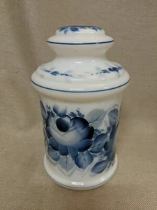 Vintage Milk Glass Canister w/ Lid - Hand-painted Blue Flowers - Picture 1 of 4