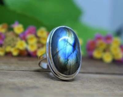 Carino Pietra Labradorite 925 Argento Sterling Handmade Anello Tutte le Misure - Immagine 1 di 4