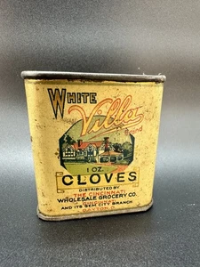 Vintage weiße Villa Nelken Blechdose Dayton Ohio Lebensmittelgeschäft klein rechteckig - Bild 1 von 10