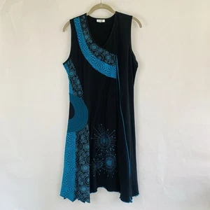 Artsy Dress XXL Asymmetrical Hem Patchwork Geometric Blue Black Hippie Lagenlook - Picture 1 of 12