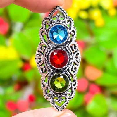 Peridot, Garnet Gemstone Handmade 925 Sterling Silver Jewelry Ring Size 9.5 t966 - Image 1 of 4