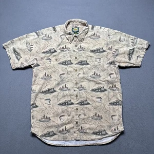Cabelas Shirt Mens Large Tall Beige Fishing All Over Print Outdoor Short Sleeve - Picture 1 of 8
