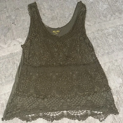 Camiseta sin mangas Y2K Boho Crochet encaje verde oliva barro para mujer mediana años 90 grunge Foto 1 de 4