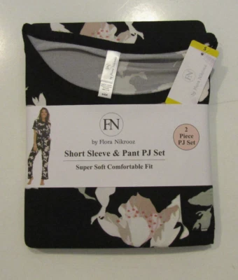 FLORA NIKROOZ Black Floral S/S Pants Pajamas Set Small Sleepwear NWT Womens - Image 1 of 2
