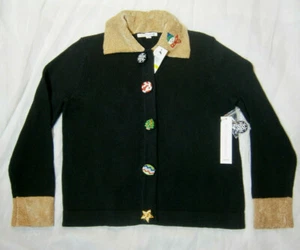 Mercer Street Studios PM Petite Medium  Women's Christmas Sweater NWT Black Wow - Picture 1 of 2
