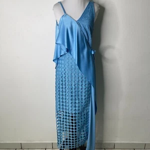 DIANE VON FURSTENBERG Women's Blue Asymmetric Perforated Wrap Midi Dress Size 6 - Picture 1 of 15