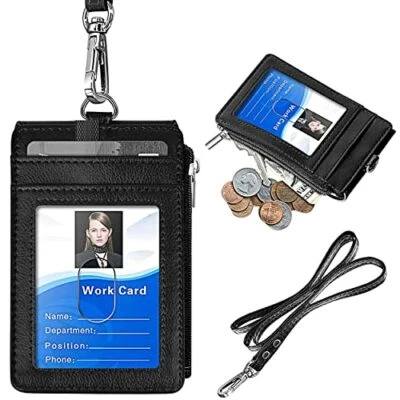 Leather ID Badge Business Credit Card Holder Wallet Case with Detachable Lanyard - Image 1 of 4