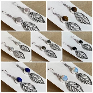 Leaf Gemstone Drop Earrings Sterling Silver 925 Plated Moonstone Lapis Lazuli - Picture 1 of 29