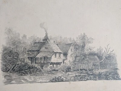 Antique Original graphite & charcoal drawing by John West village scene 1824 - Image 1 of 4