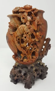 Antiguo jarrón chino rojo piedra jabonera pavo real y peonías doble relieve escultura 9" - Imagen 1 de 12