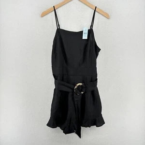 LOFT Romper 4P Petite Ruffle Belted Spaghetti Strap Linen Viscose Black NEW - Picture 1 of 22