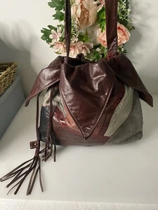 Borsa da lavoro Reem vera pelle marrone bordeaux boho patch tracolla nappe - Foto 1 di 24