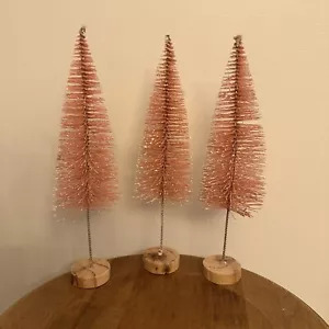 Bottle Brush Pink Trees Christmas Set Of 2 Decorative Snowy 12.5 Inch Tall Wood - Picture 1 of 7