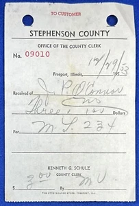 1953 Receipt for Marriage License / Stephenson County Clerk / Freeport, Illinois - Picture 1 of 3