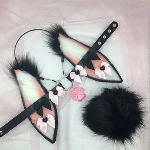 Schwarz Rosa Cosplay Hase Kaninchen Stirnband Ohren Schwanz Halsband Halsband Kostüm - Bild 1 von 2