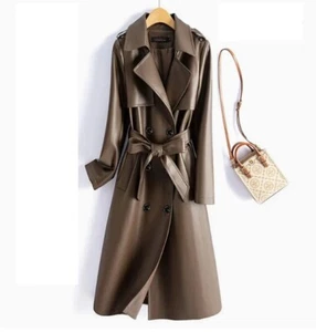 New Women's leather jacket long trench coat windbreaker double-breasted parkas - Picture 1 of 21