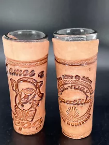TEQUILA Shot Glass Leather Wrapped Tall  Hand Tooled souvenir Mexico 2 Vintage - Bild 1 von 6