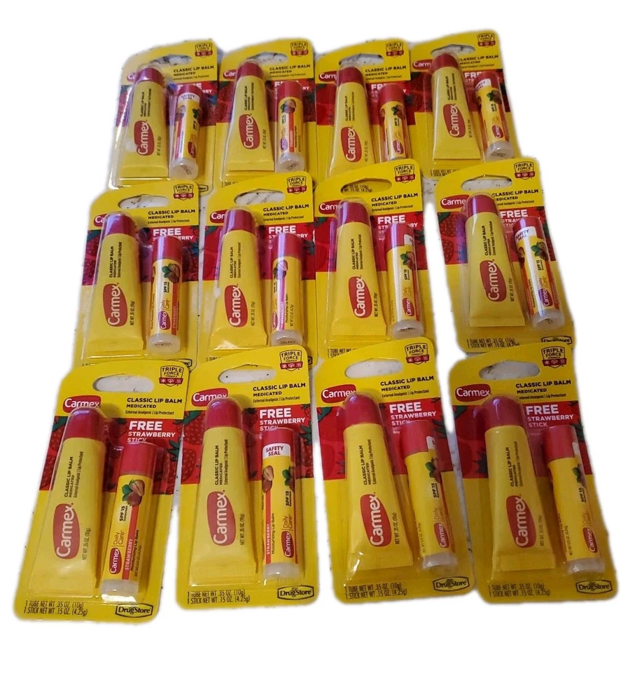 12 paquetes de bálsamo labial clásico Carmex con bonificación en barra de fresa alivio del herpes labial Foto 1 de 1
