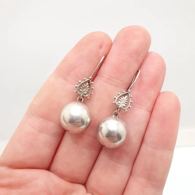 Antique Solid Silver Victorian Ball Earrings Hook Hanging Bead Hook Dangle Drop - Image 1 of 4