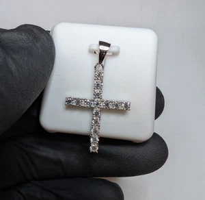 Solid 925 Silver VVS1 D Color Moissanite Single Row Tennis Cross Pendant - Picture 1 of 5
