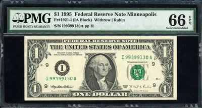 Fr. 1921-I (IA Block) 1995 $1 Minneapolis Note PMG Gem Unc 66 EPQ Cut BEP Sheet - Image 1 of 2