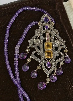 Antique Style Lavaliere Pendant Necklace Silver Amethyst Rose Cut Diamonds OOAK - Image 1 of 4