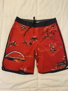Rip Curl Mirage Boardshorts 30 Red & Blue Hula Girl Aloha Bathing Suit Hawaii - Picture 1 of 10