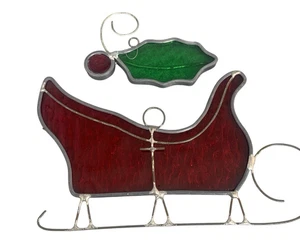 Stained Glass Christmas Sled & Holly Leaf Suncatcher HOMEMADE Vintage - Picture 1 of 14