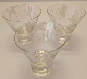 3 Vtg Double Shot Cocktail Glasses Etched Flying Fowl Ducks Barware 3.25" Clear - Picture 1 of 6