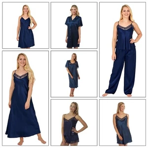 Ladies Sexy Navy Long Satin Chemise PJs Pyjamas Set Nightdress Slip PLUS SIZE - Picture 1 of 12