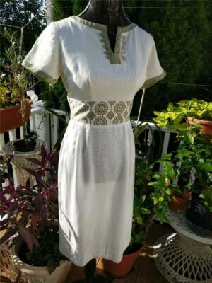 1950's VINTAGE CREAM & GREEN LINEN BLEND METAL ZIPPER PENCIL DRESS-36" BUST-USA - Image 1 of 4