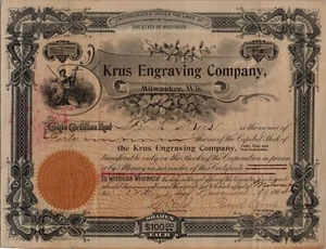 Rare 1907 Krus Engraving Co. Stock Certificate, Wisconsin (Founder's Shares) - Picture 1 of 2
