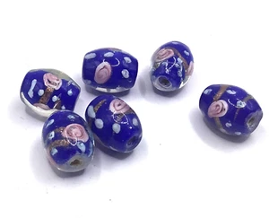 6 Lampwork Perlen blau mit innen liegenden Blüten, Rosen ca. 16 x 12 mm(173/1) - Bild 1 von 9