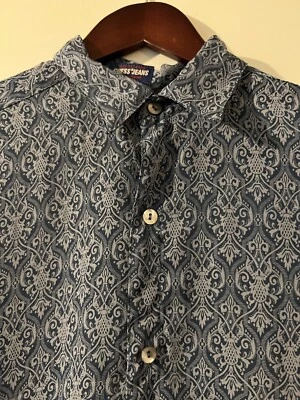 Vintage Guess Jeans 100% Poly Long Sleeve Button Up Blue Sheer Graphic Print LRG - Image 1 of 4