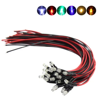 20pcs Pre-wired Resistor 26awg 20cm Wire 3mm LED Light 12V L123 Different Colors - Image 1 of 4