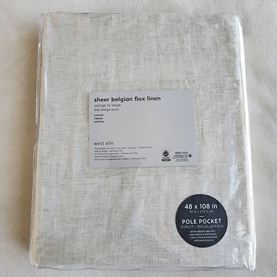 West Elm Sheer Belgian Flax Linen Curtain Panel 48x108 Inch Pole Pocket New NWT - Image 1 of 4