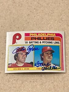 1982 Topps #636 Phillies Leaders signed by both Pete Rose and Steve Carlton