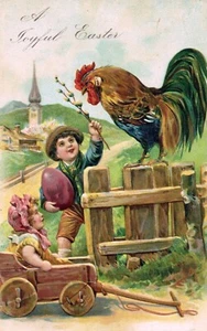 A Joyful Easter Children Playing with Rooster Embossed Vintage Easter Postcard - Picture 1 of 2