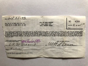 Oklahoma City of Sand Springs Daily Fishing Permit 1973 Shell Creek Lake - Picture 1 of 2