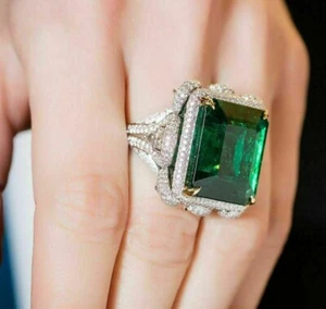 4Ct Lab Created Emerald Diamond Halo Engagement Ring 14K White Gold Finish - Picture 1 of 5