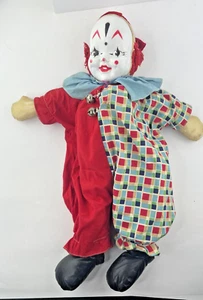 Vintage 1940-50's era Harlequin Stuffed Toy Clown - 18" - Cloth w/ Plastic Mask - Afbeelding 1 van 12