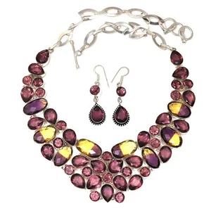 Ametrine ,Rubylite Facited Gemstone Jewelry Necklace &Earrings 18-20'' - Picture 1 of 10