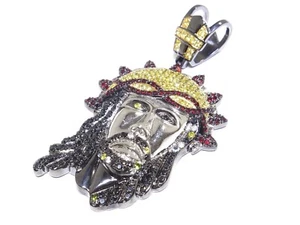 .925 Sterling Silver Black Rhodium Round Cut Multi Colored CZ Jesus Pendant - Picture 1 of 10