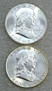 1948 + 1949 Franklin Half Dollar BU Full Bell Lines Frosty lot of 2 coins #W13 - Picture 1 of 6