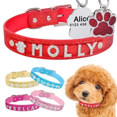 Coleira personalizada para cachorro gato Bling strass etiqueta com nome personalizado filhote gatinho pequeno - Imagem 1 de 4